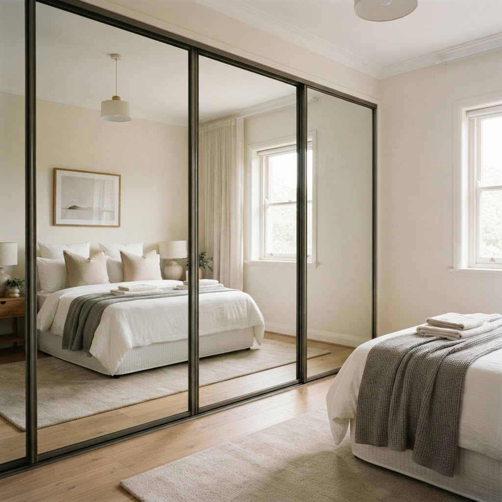 Bedroom with floor-to-ceiling framed mirrored sliding wardrobe doors reflecting the bed