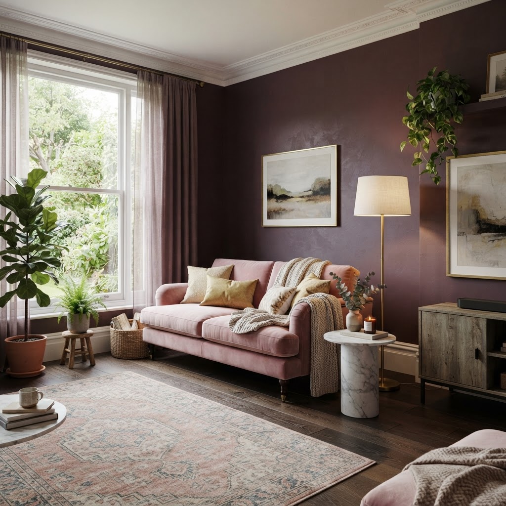Living room with deep plum painted walls, a blush pink velvet sofa, a brass floor lamp, a marble side table and green plants