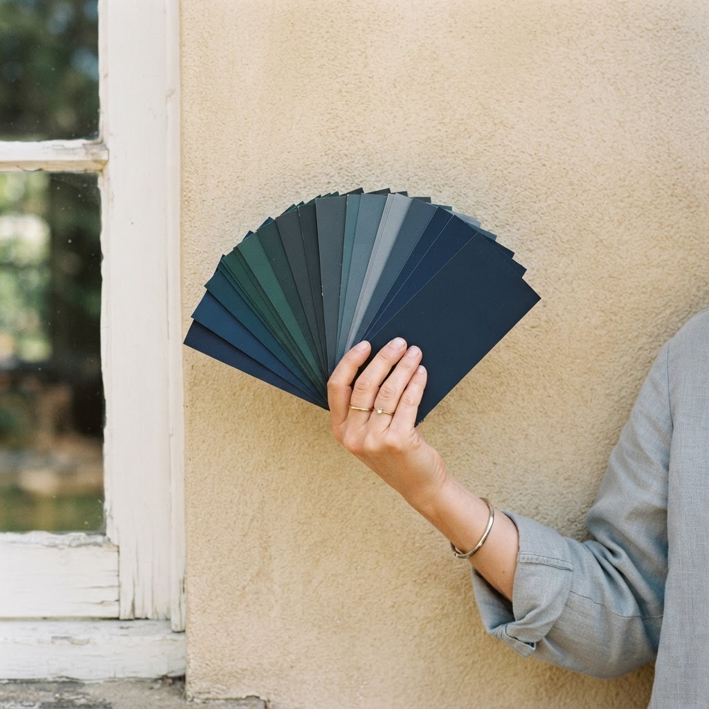 Hand holding navy, deep green and charcoal paint swatches against a warm beige exterior wall