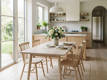 Pale whitewashed oak dining table and chairs in a bright Scandinavian kitchen with soft limed wood grain and a vase of white flowers