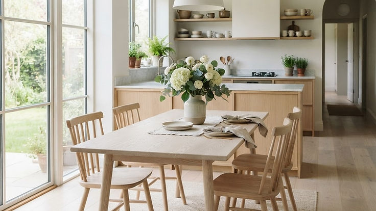 Pale whitewashed oak dining table and chairs in a bright Scandinavian kitchen with soft limed wood grain and a vase of white flowers