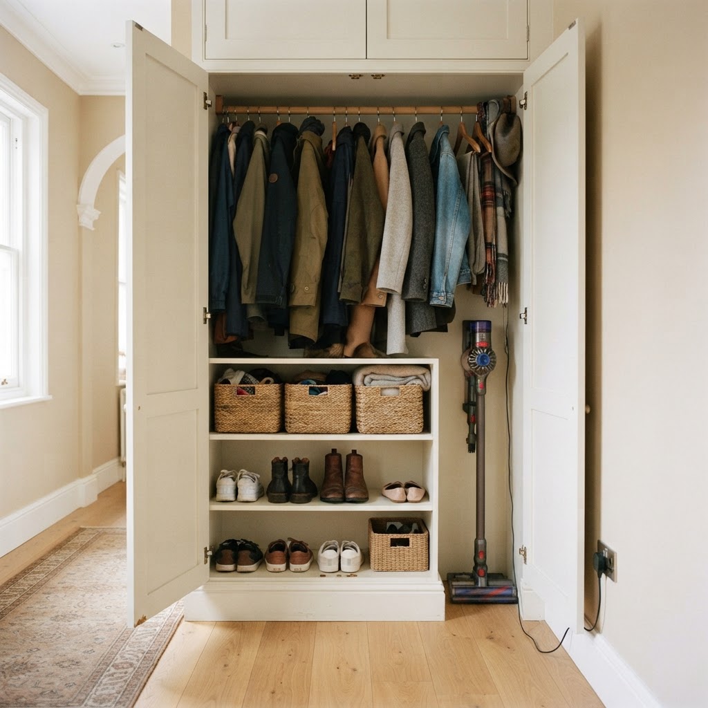 Built-in hallway cupboard with coats on a rail, shoes and baskets on shelves and a cordless vacuum