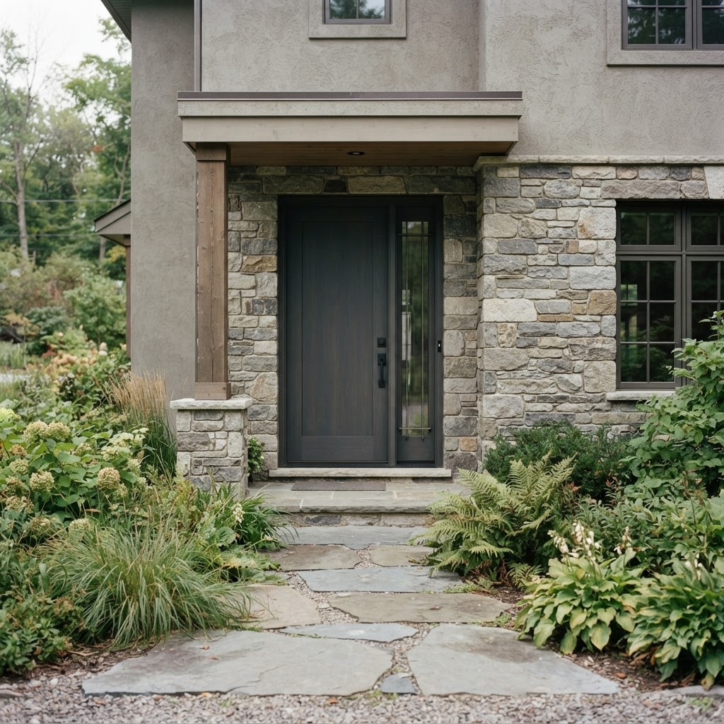 Deep charcoal gray front door on a cool gray-beige house with natural stone details
