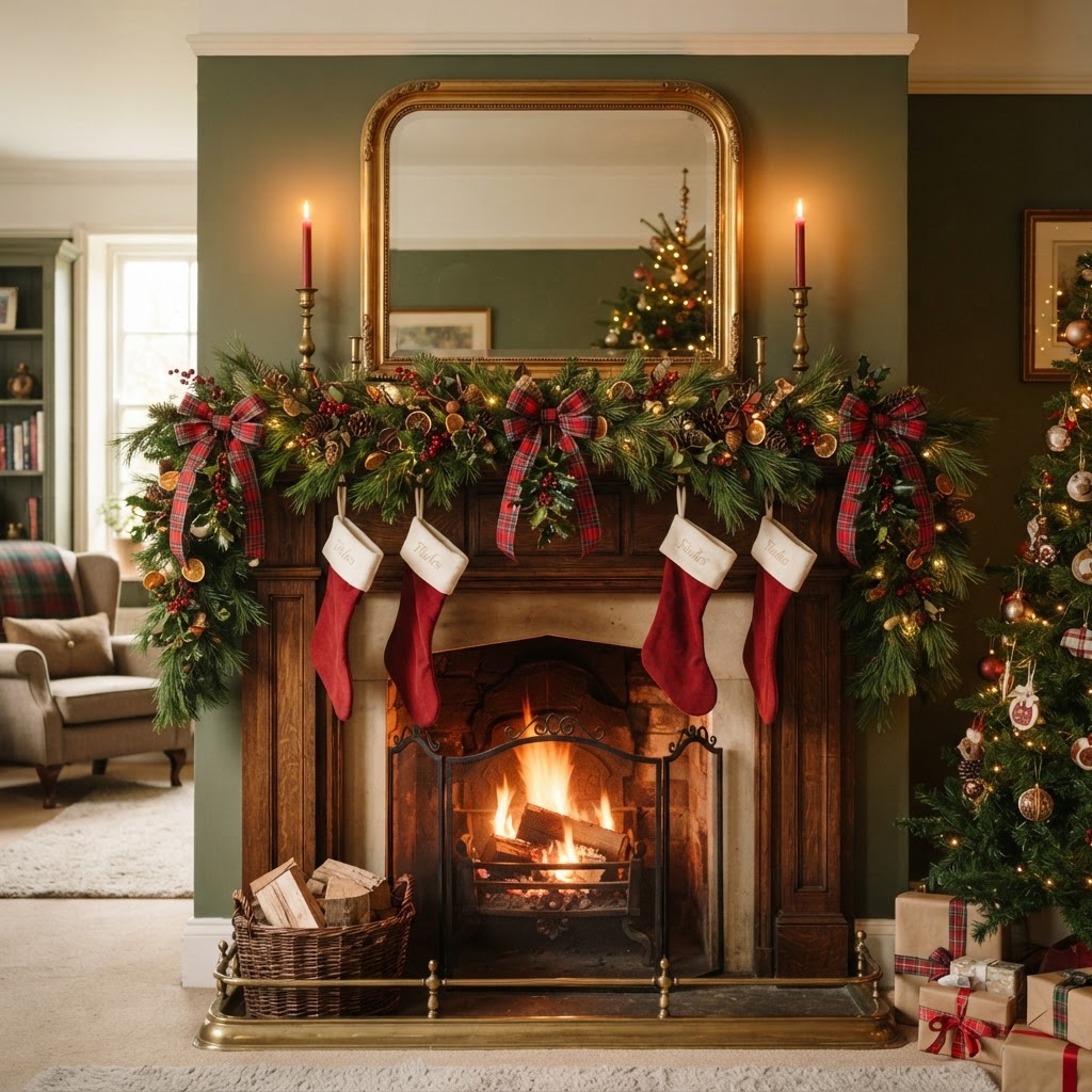 Traditional red and green Christmas mantel with a pine garland tied with tartan ribbon bows, red berries and red candles