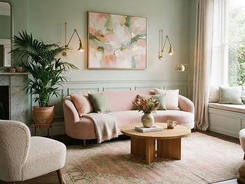 Living room with soft sage green panelled walls, a curved blush pink velvet sofa with green and pink cushions, a round oak coffee table, a potted palm, brass wall lights and a pink and green abstract painting