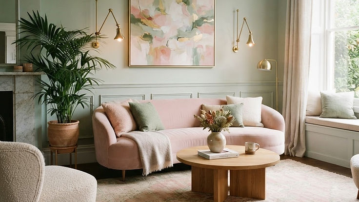 Living room with soft sage green panelled walls, a curved blush pink velvet sofa with green and pink cushions, a round oak coffee table, a potted palm, brass wall lights and a pink and green abstract painting