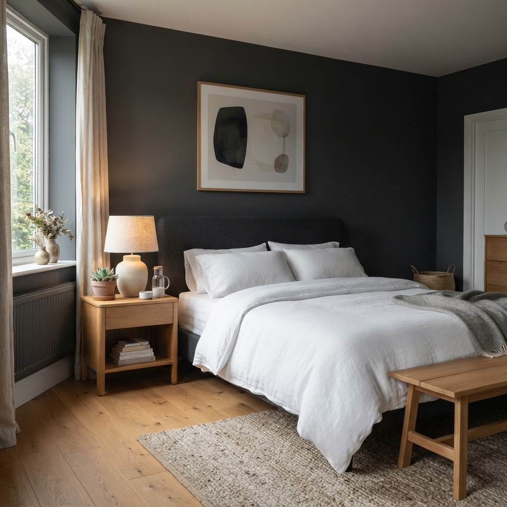 Bedroom with graphite gray painted walls, crisp white bedding, an oak bedside table with a lamp, a wooden bench and a large framed abstract print