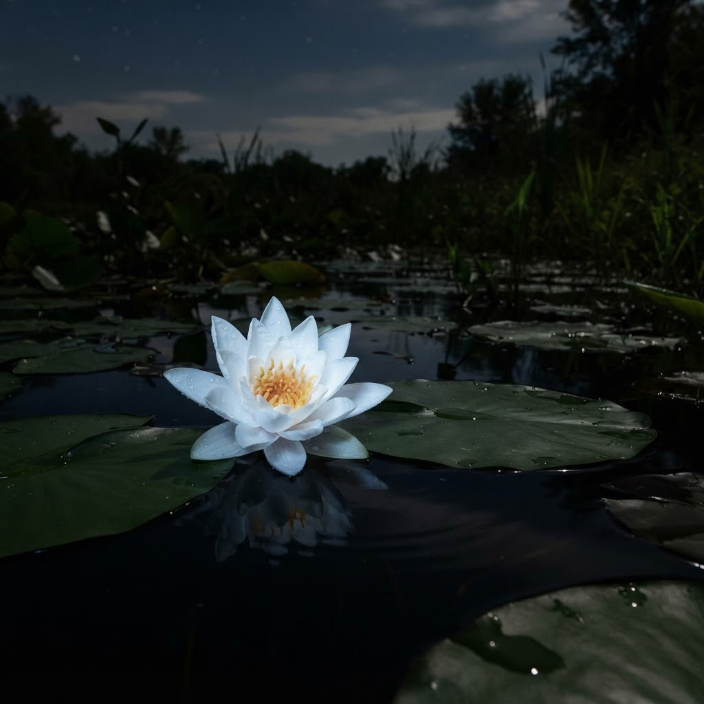 White night-blooming water lily open on a dark pond at night