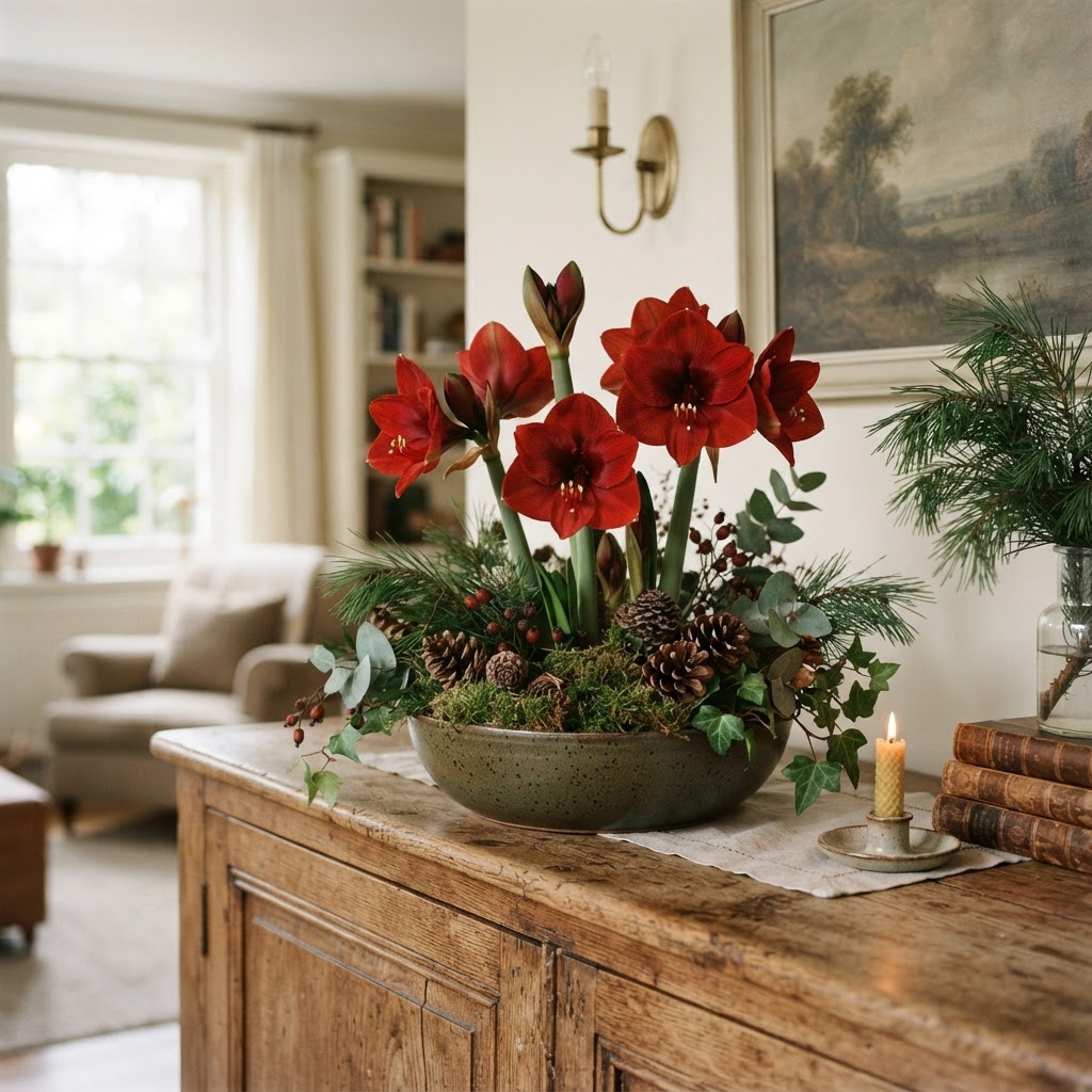 Red amaryllis stems arranged in a low ceramic bowl with moss, pine sprigs and pine cones on a wooden sideboard