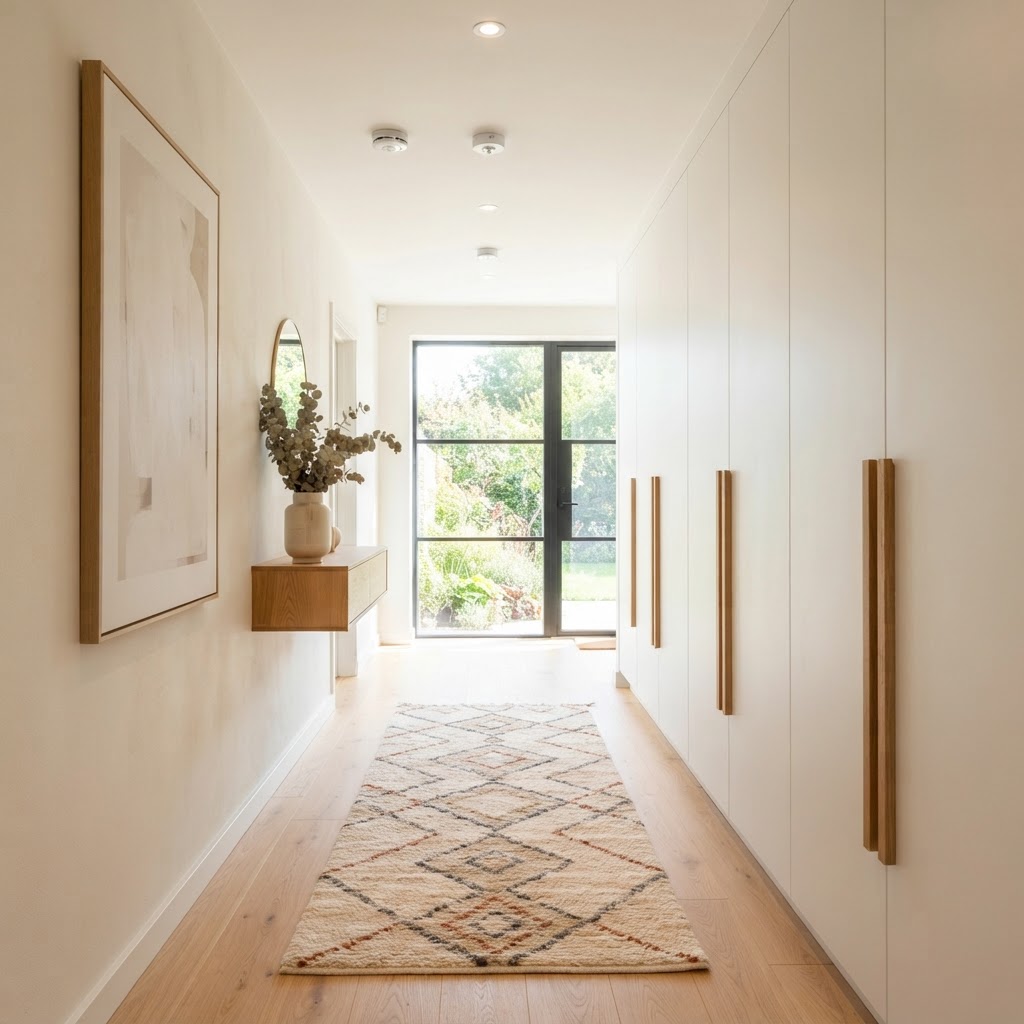 Modern hallway with tall white built-in cupboards with long oak handles and a runner rug