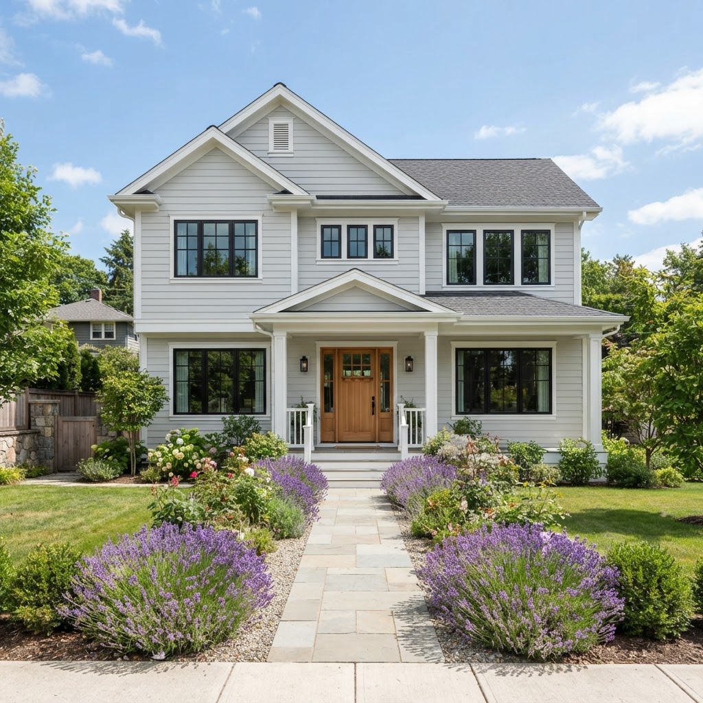 Two-storey house with pale soft gray siding, white trim, black windows, a wooden front door and lavender lining the front path