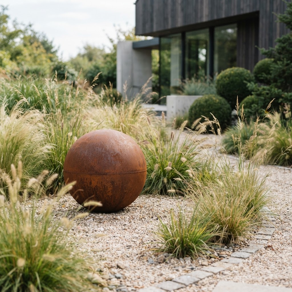 Rusty corten steel sphere sculpture among ornamental grasses in a contemporary garden