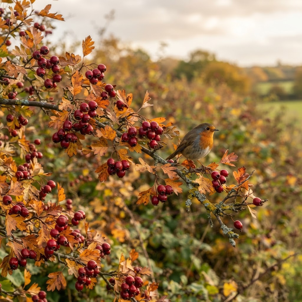 Hawthorn branches with dark red haws and autumn leaves in a hedgerow, with a robin perched among them