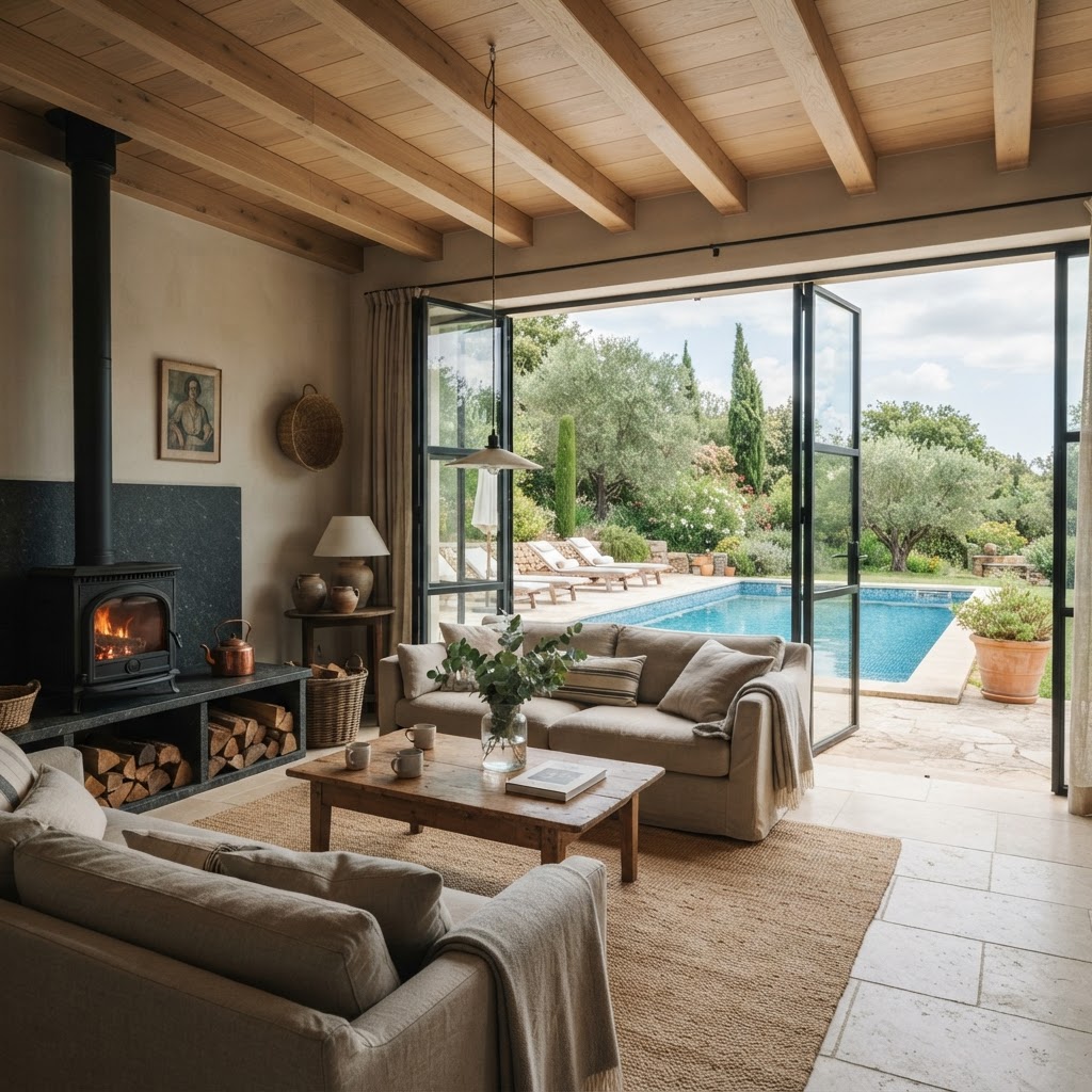 Pool house lounge interior with a wood burning stove, linen sofas and folding glass doors open to the pool