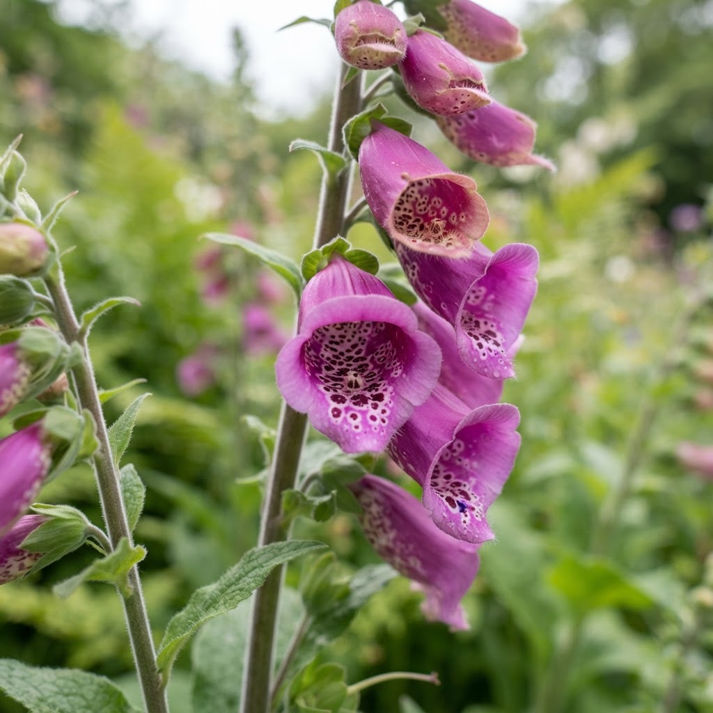 Close-up of purple pink foxglove bells with darker spots inside the flowers