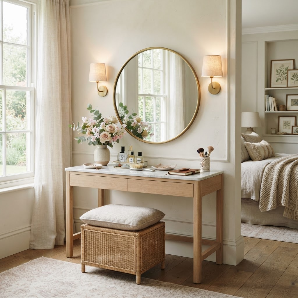 Dressing table with a round mirror and soft wall lights either side in a bright, feminine bedroom