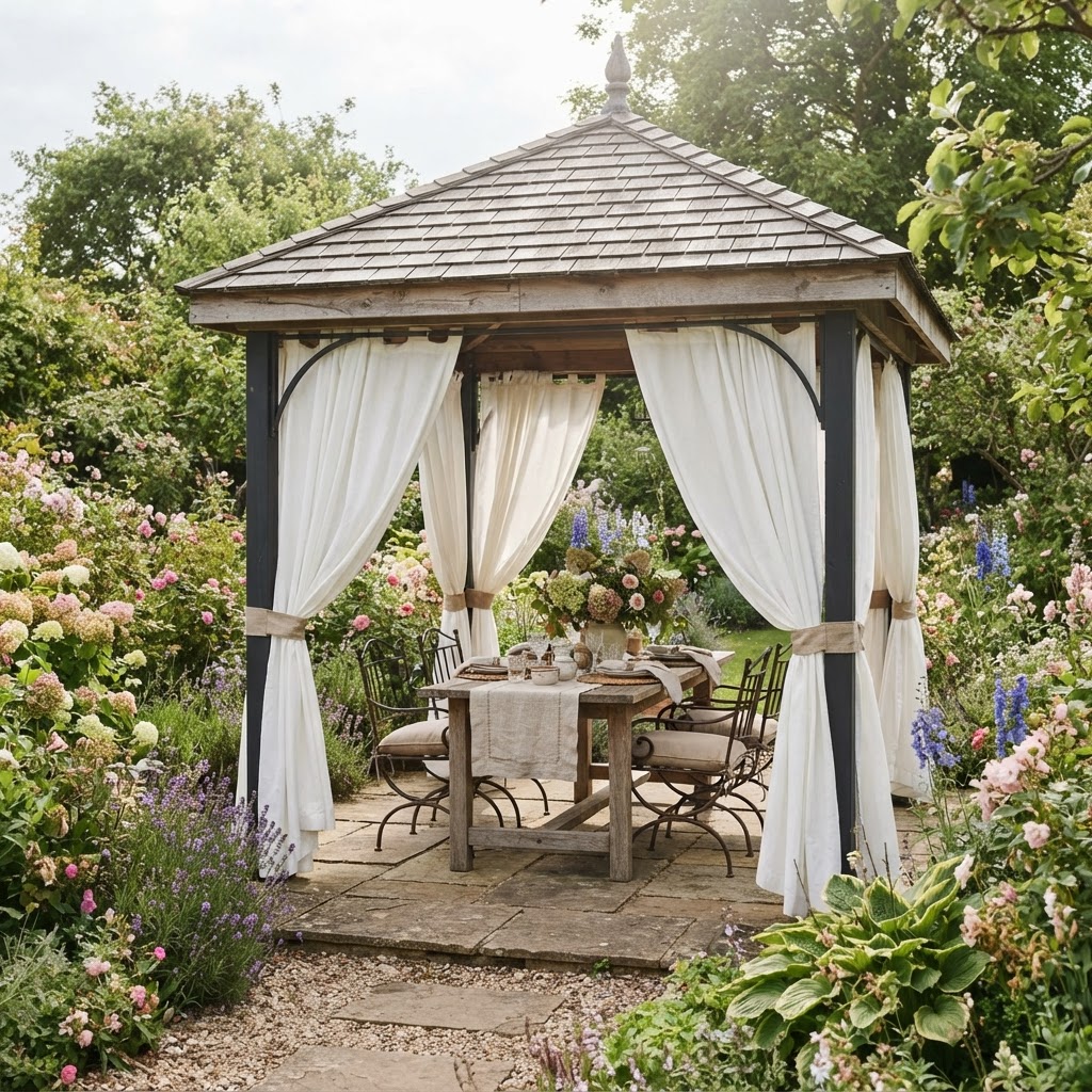 Garden pagoda with white curtains tied back around an outdoor dining table