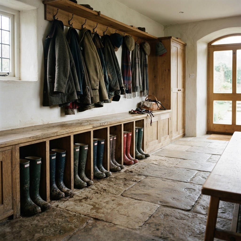Boot room with wooden cubbies full of wellington boots, coats on hooks and a stone floor