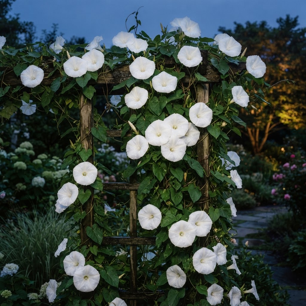 Large white moonflower blooms open at dusk on a climbing vine over a garden trellis