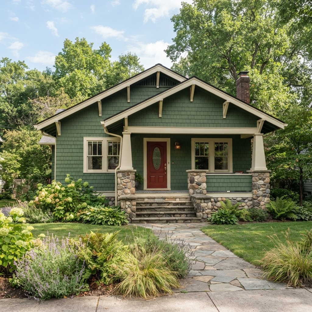 Mid green craftsman bungalow with tapered porch columns on stone bases, cream trim, a red front door and a stone path through planting
