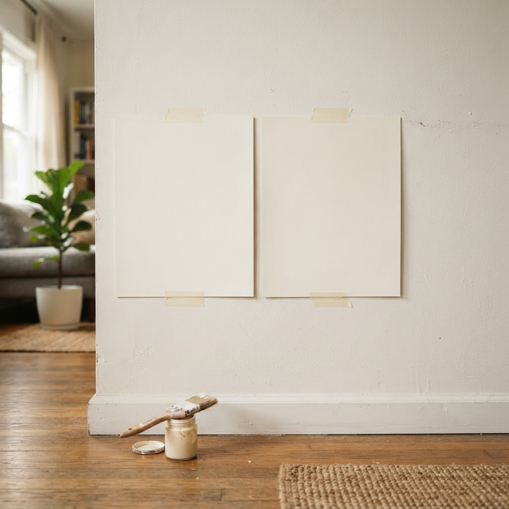 Two large painted sample boards of very similar warm whites taped side by side on a living room wall in daylight, with a paintbrush and a small paint pot on the floor