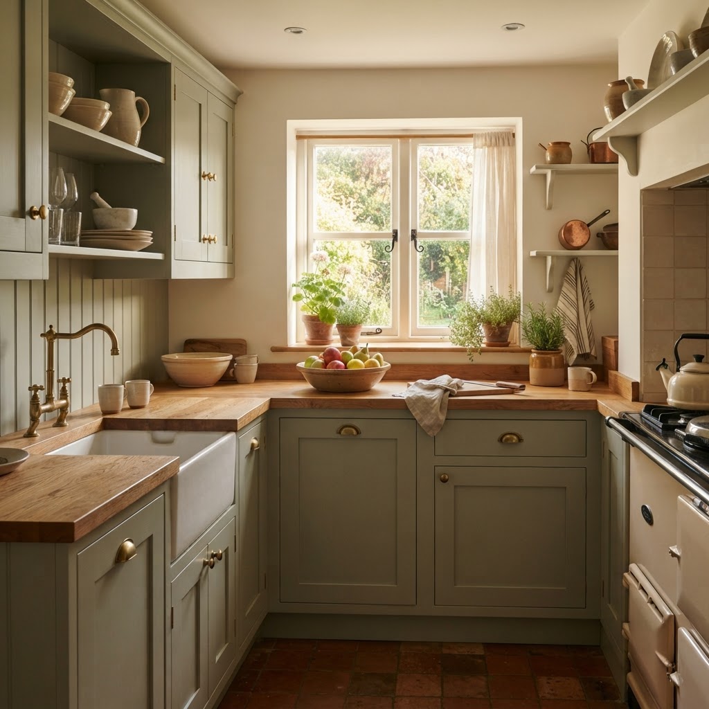 Country kitchen with soft green painted cabinets, wooden worktops and brass knobs