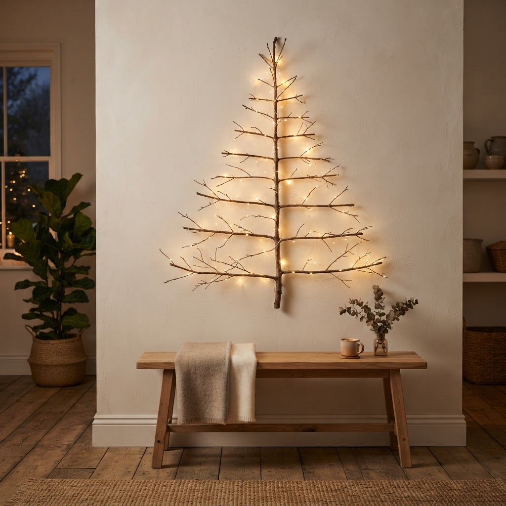 Wall-hung Christmas tree made of bare branches and fairy lights above a bench