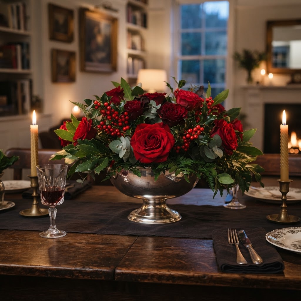 Deep red roses and red ilex berries with dark green foliage in a polished silver footed bowl on a dark wood dining table by candlelight