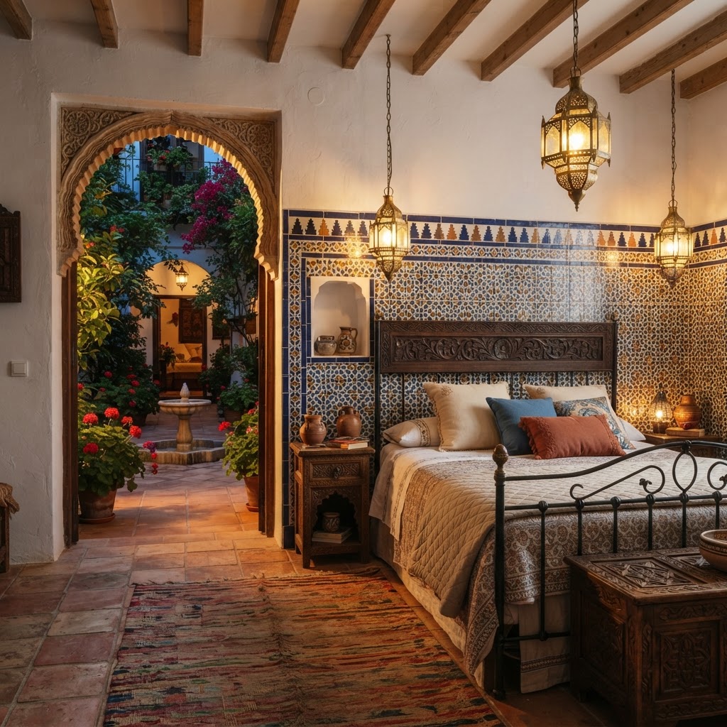 Andalusian Moorish style bedroom with a carved dark wooden headboard, a wall of blue, white and ochre patterned tiles, hanging brass lanterns, a horseshoe arch doorway opening onto a courtyard with a fountain and red geraniums, and terracotta floors