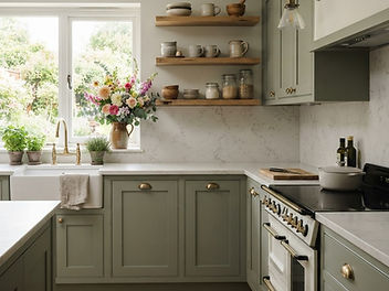 Kitchen with sage green shaker cabinets, white marble worktops and splashback, brushed brass handles, open oak shelves and a jug of garden flowers in natural light