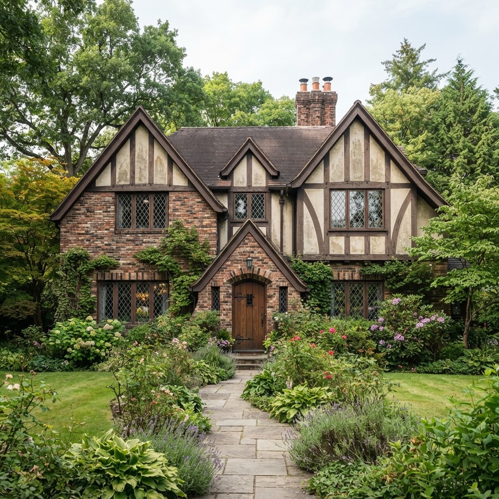 1930s Tudor Revival house with half-timbered gables, brick and leaded windows