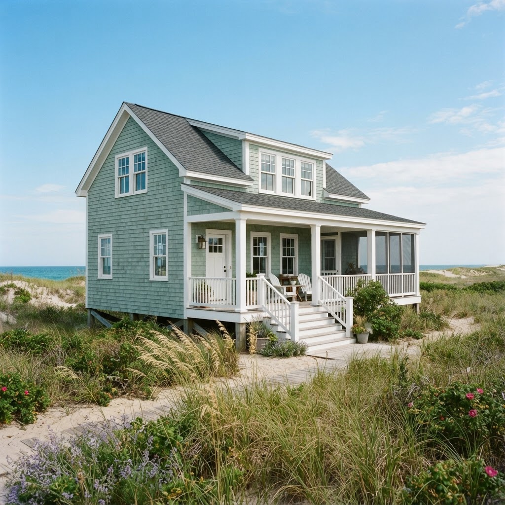 Pale sea green clapboard beach house with white trim, a white porch and steps, and dune grasses under a blue sky