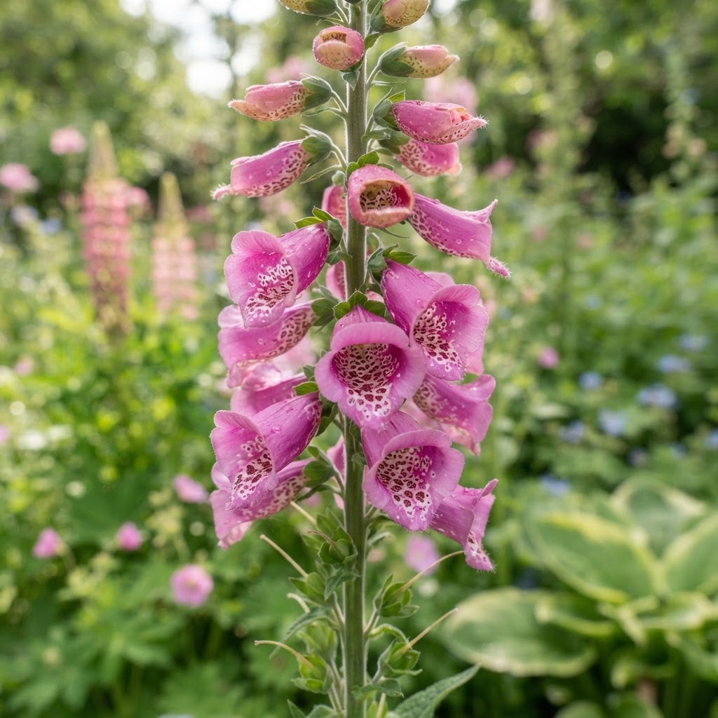Strawberry pink perennial foxglove flowers in close-up in a garden