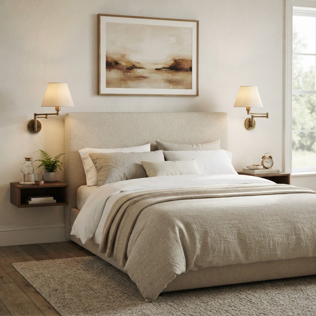 Brass swing arm wall lights with fabric shades mounted either side of an upholstered headboard