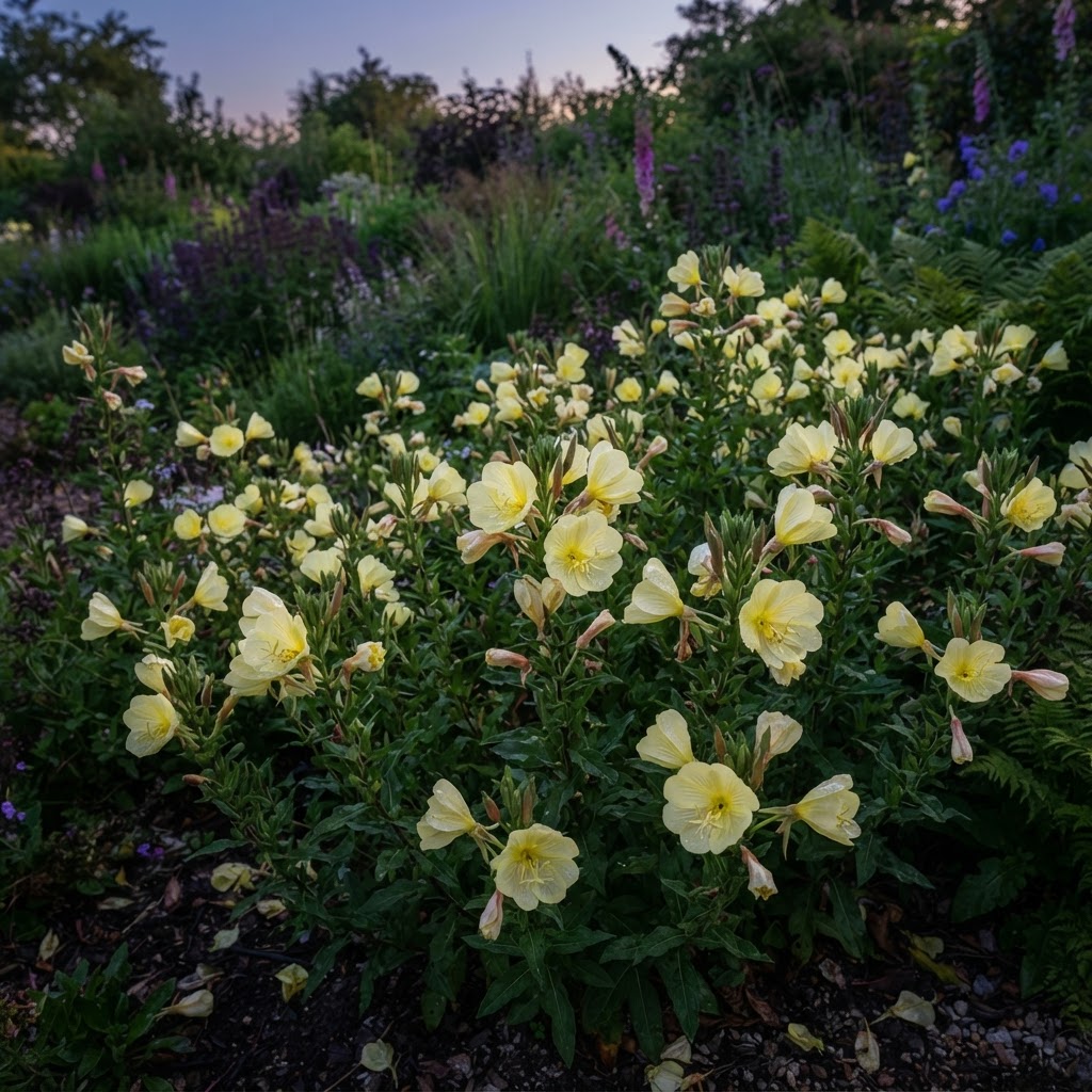 Pale yellow evening primrose flowers opening at twilight in a garden border