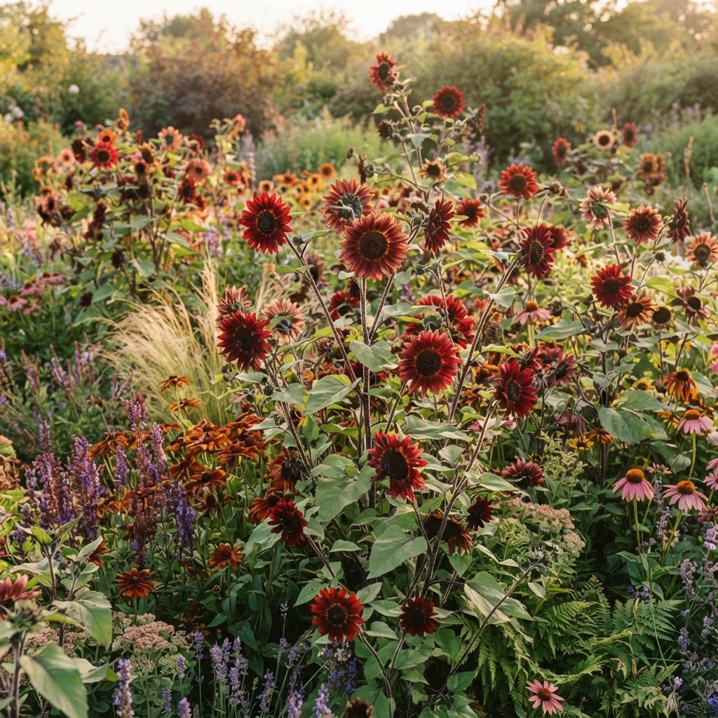 Branching Velvet Queen sunflowers with deep crimson and bronze petals in a late summer border