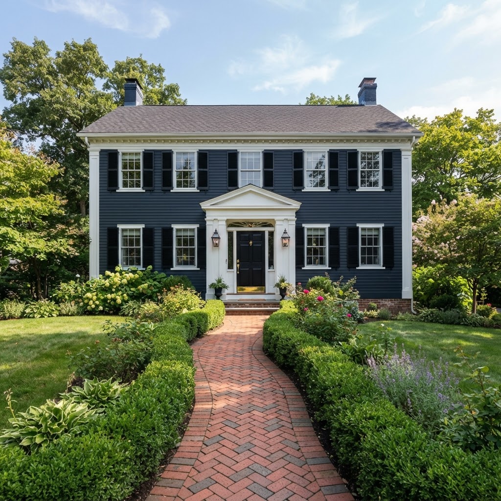Dark blue two-storey colonial house with black shutters, white window casings and portico, a black front door, black lanterns and a herringbone brick path lined with boxwood hedges