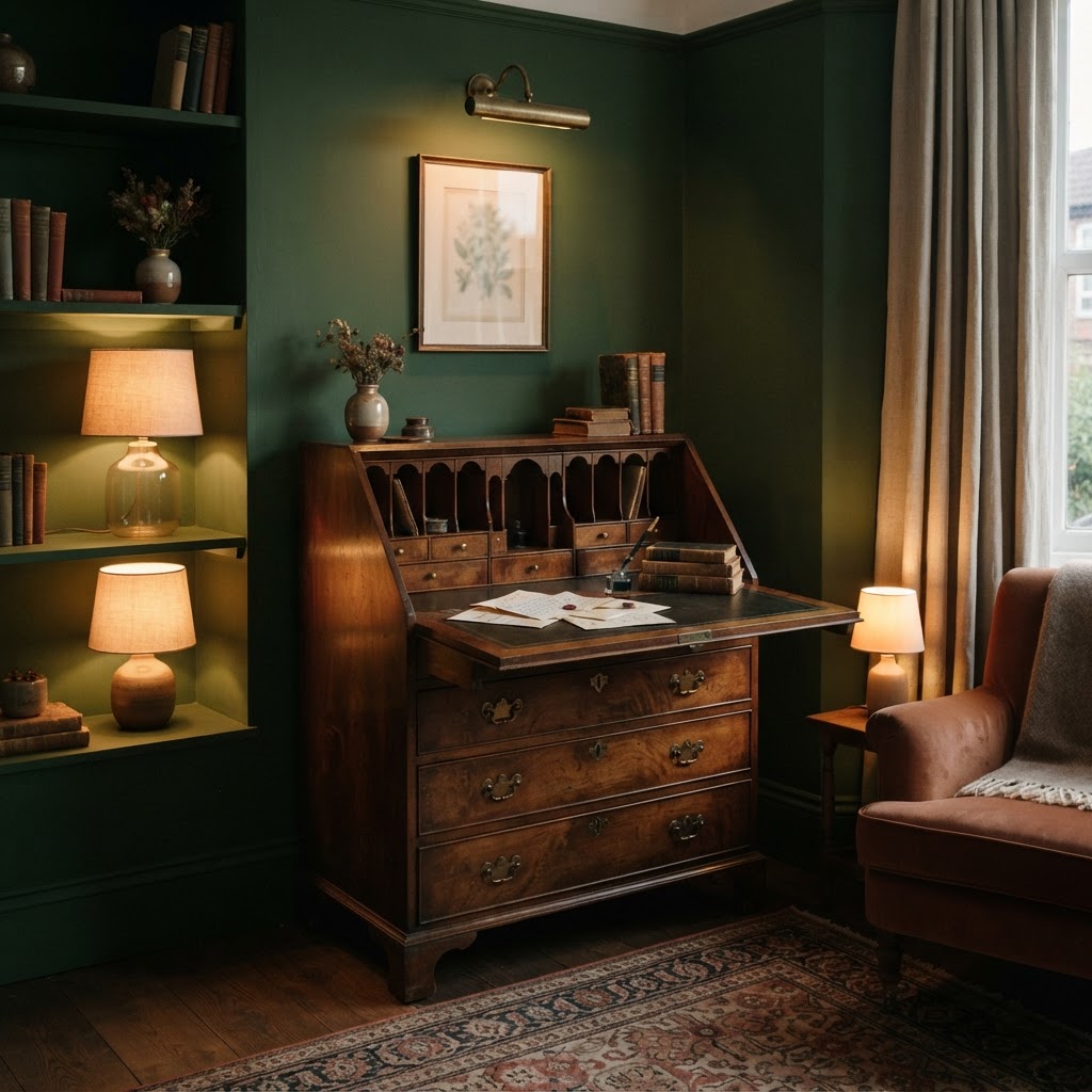 Vintage mahogany bureau with its fall front open to show pigeonholes, small drawers and a writing surface with letters, against a deep green wall with lamplit shelves