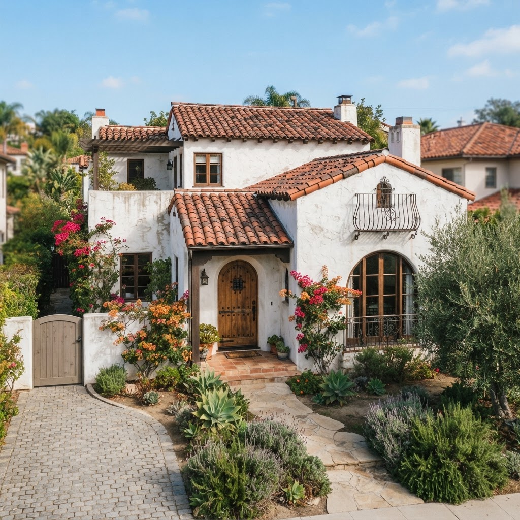 1920s Spanish Colonial Revival house with white stucco walls, a red clay tile roof and arched windows