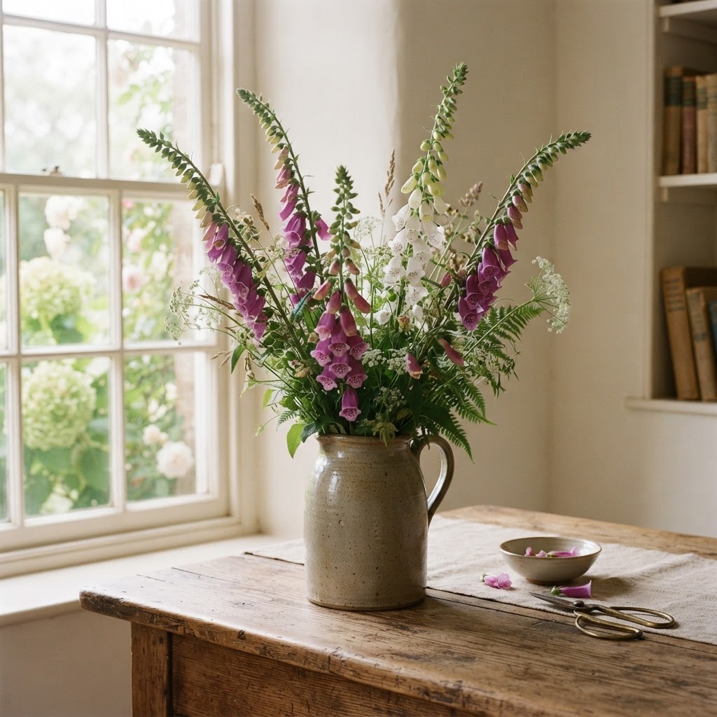 Tall purple and white foxgloves cut and arranged in a stoneware jug on a wooden table