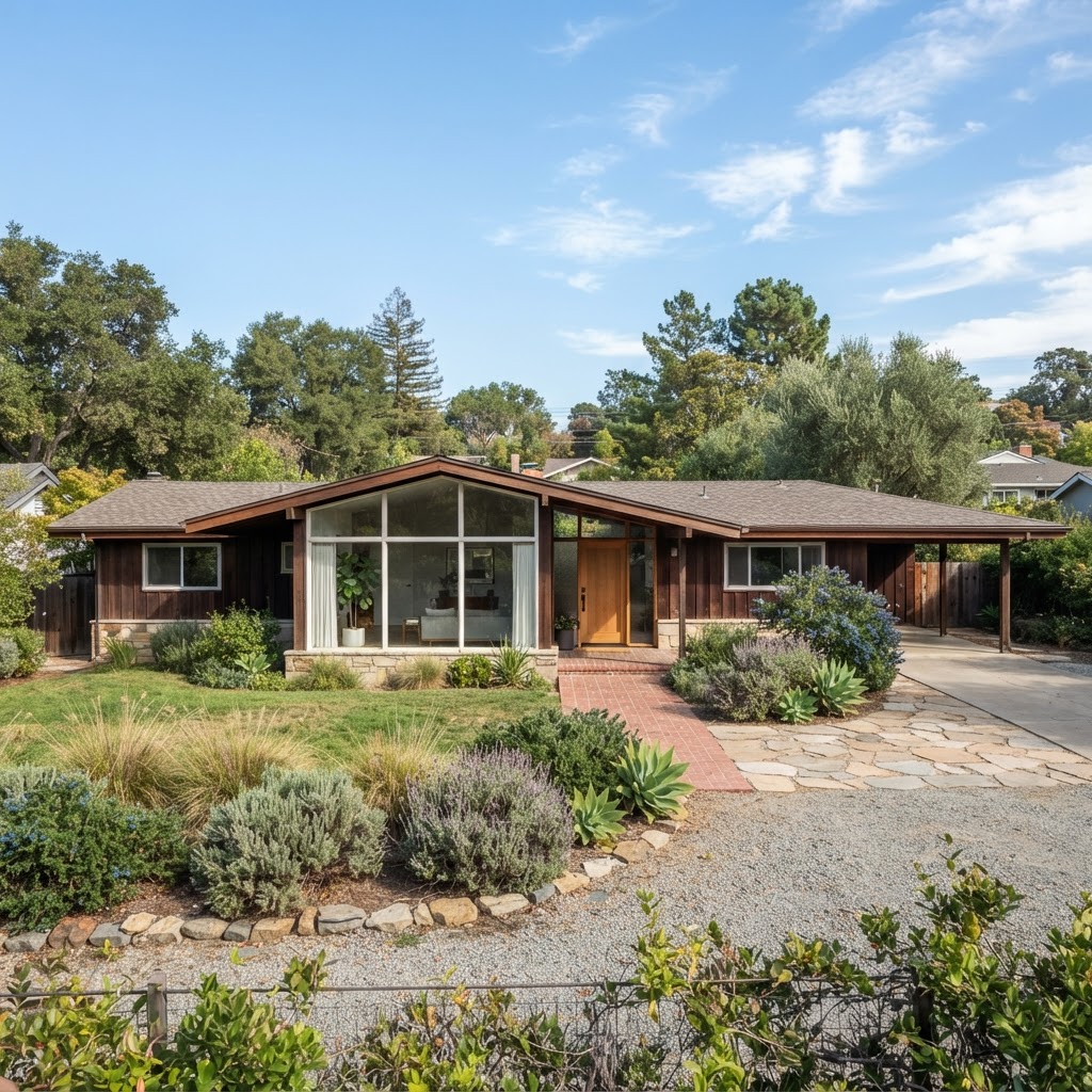 Early ranch house with a long, low profile, wide eaves and a picture window