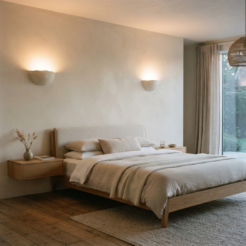 Paintable plaster wall uplighters glowing softly on a warm white wall above a low bed