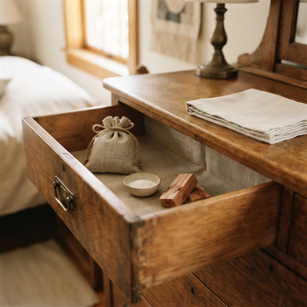 Open antique wooden drawer, freshly cleaned and lined with linen, with a linen pouch of activated charcoal, a small bowl of baking soda and cedar blocks inside, and a folded linen cloth on top