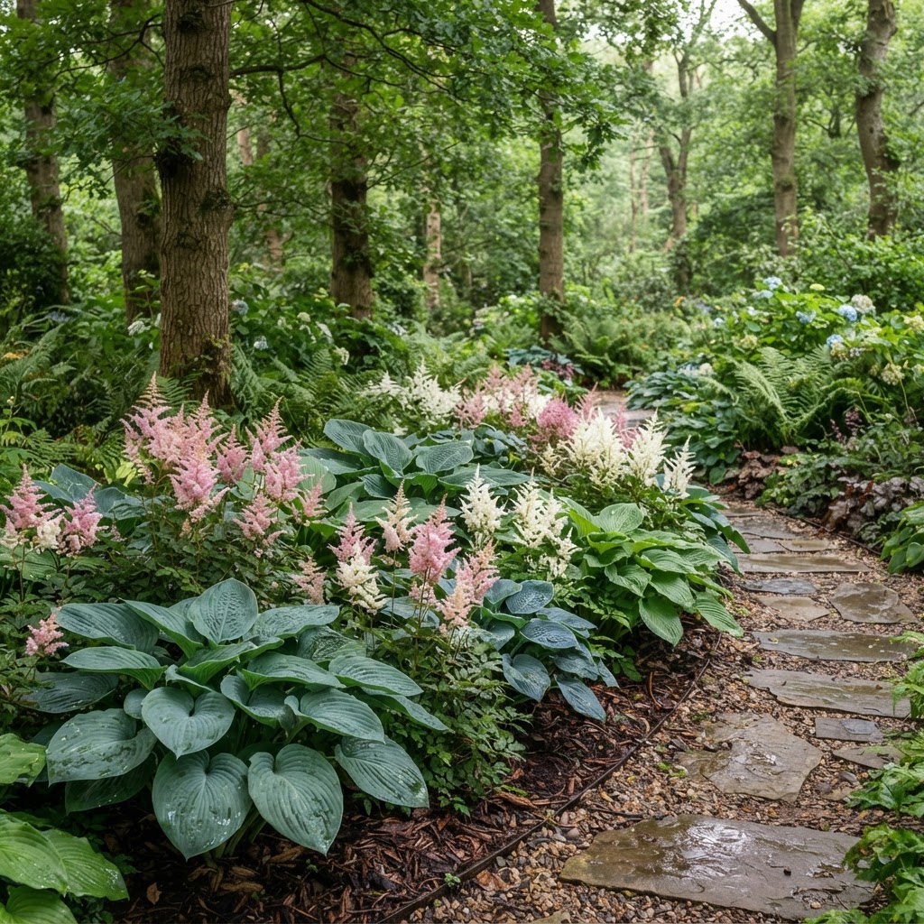 Shady woodland border with blue-green hostas and pink and white astilbe plumes along a stone path under trees