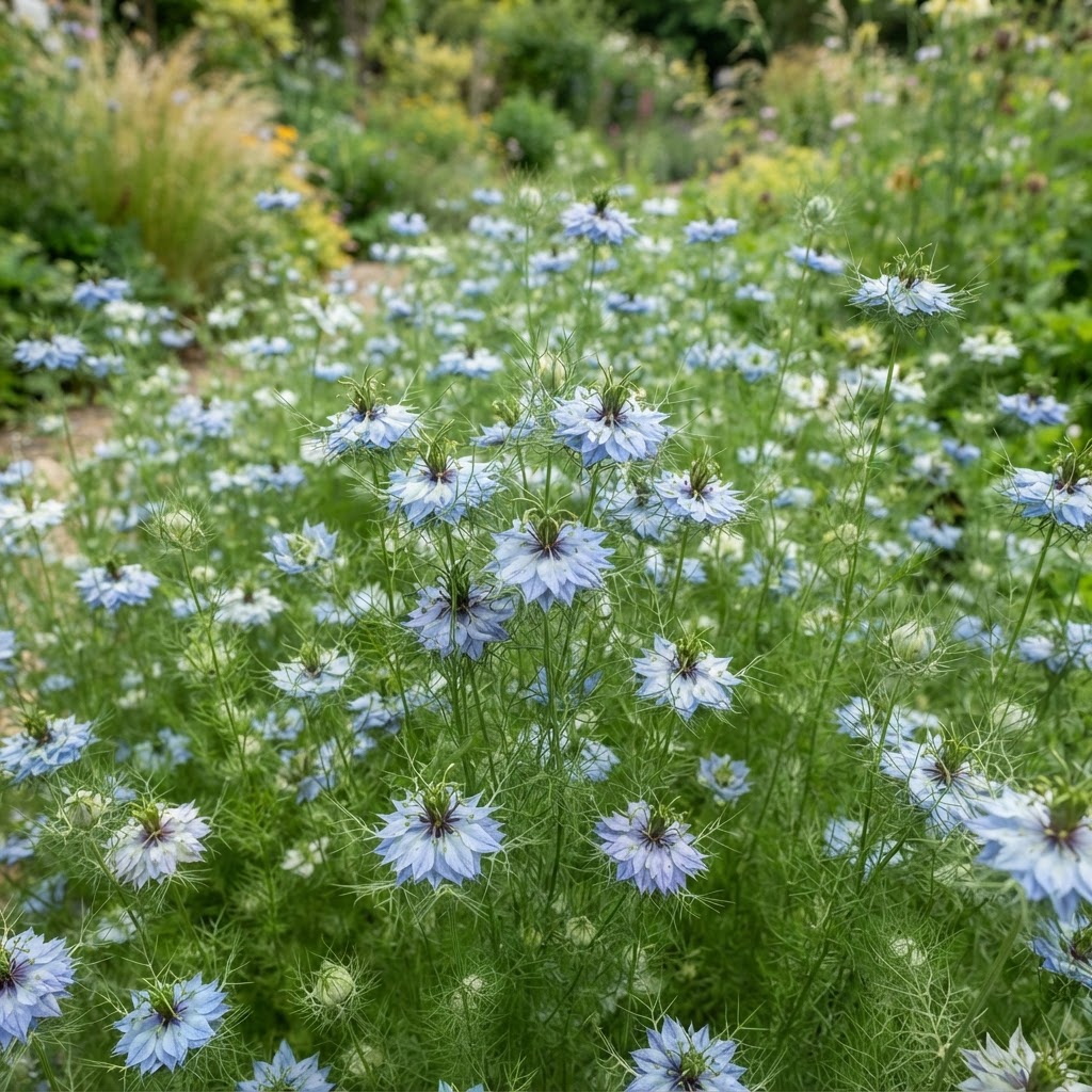 Delicate blue nigella love-in-a-mist flowers surrounded by feathery foliage