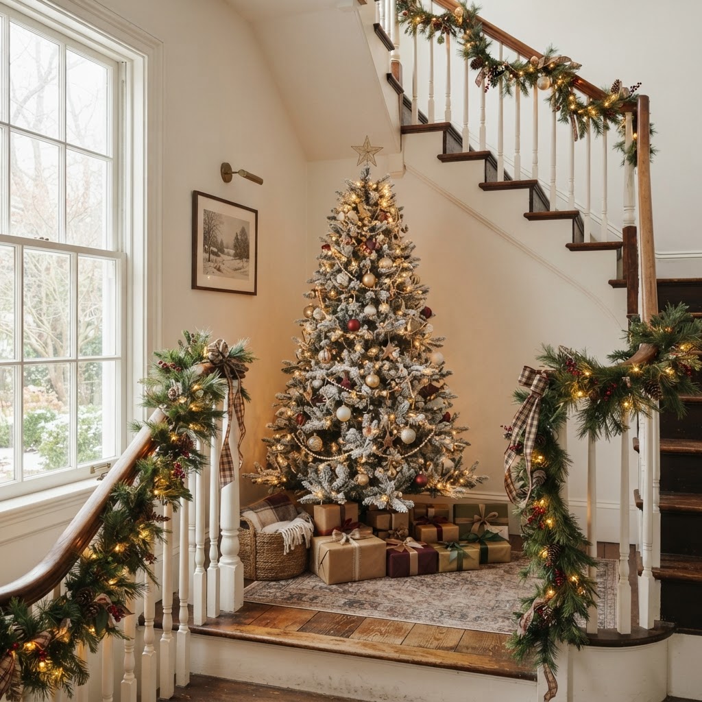 Christmas tree with gold and white decorations on a staircase landing