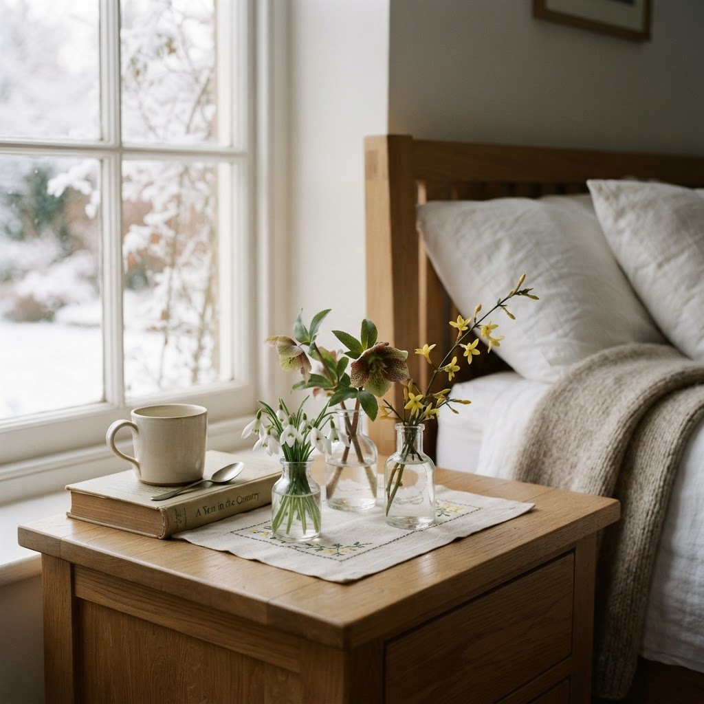 Small bud vases with snowdrops, hellebores and winter jasmine sprigs on a bedside table