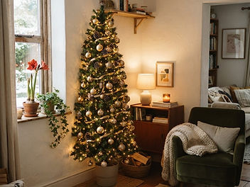 Slim Christmas tree with warm lights and gold baubles standing against the wall of a small cosy living room
