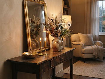 Dark wooden console table styled with a gilded gold leaf mirror, a small gold-leafed bowl, gilded candlesticks and dried flowers in a vase, in warm evening lamp light