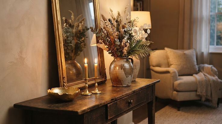 Dark wooden console table styled with a gilded gold leaf mirror, a small gold-leafed bowl, gilded candlesticks and dried flowers in a vase, in warm evening lamp light